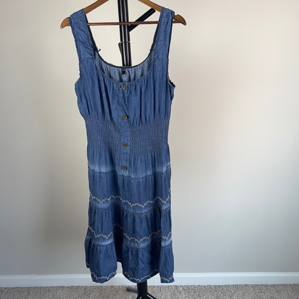 Lapis Blue Denim Tiered Boho Midi Dress Smocked Waist Embroidered Medium